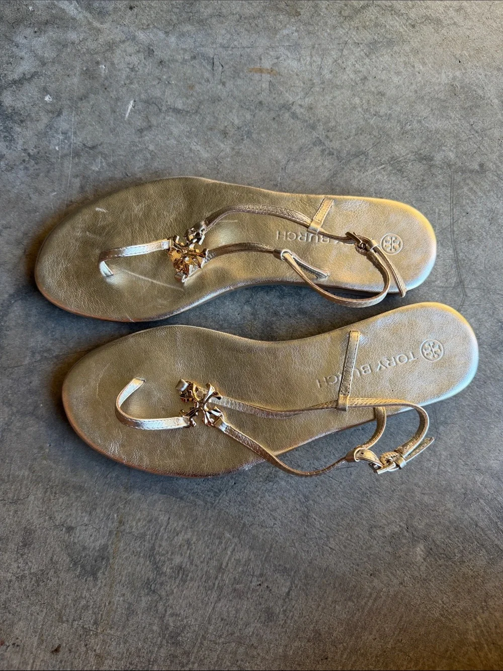 Tory Burch Metallic Gold Leather T-Strap Logo Sandals